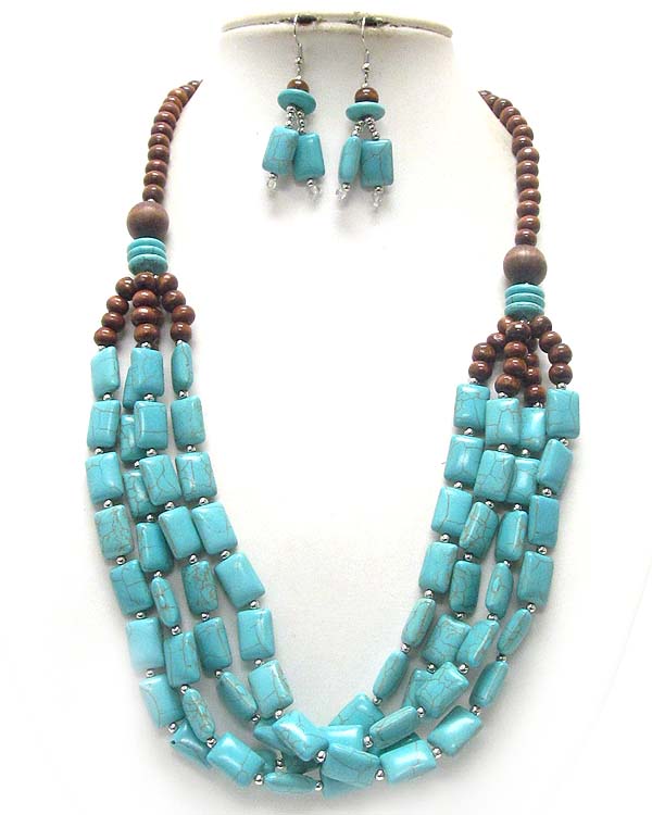 Multi wooden and natural stone link 4 layered necklace earring set