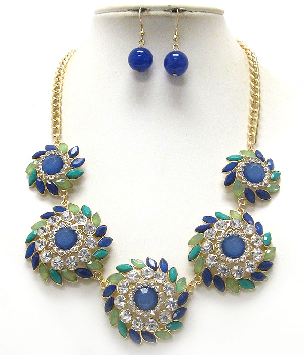 Multi crystal and acrylic flower link necklace earring set