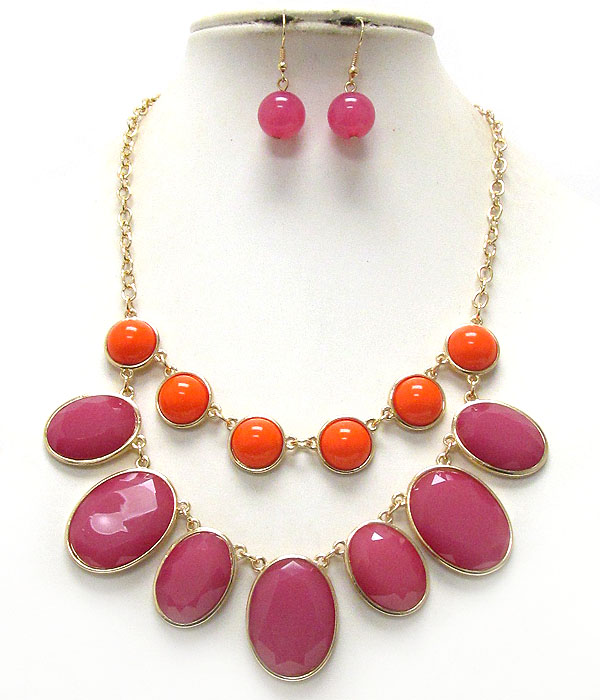 Facet acrylic oval stone link double layered necklace earring set
