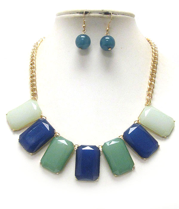 Multi color facet acrylic square stone link necklace earring set