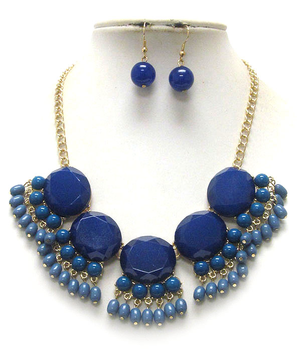 Mutli facet acrylic stone link and bead drop necklace earring set