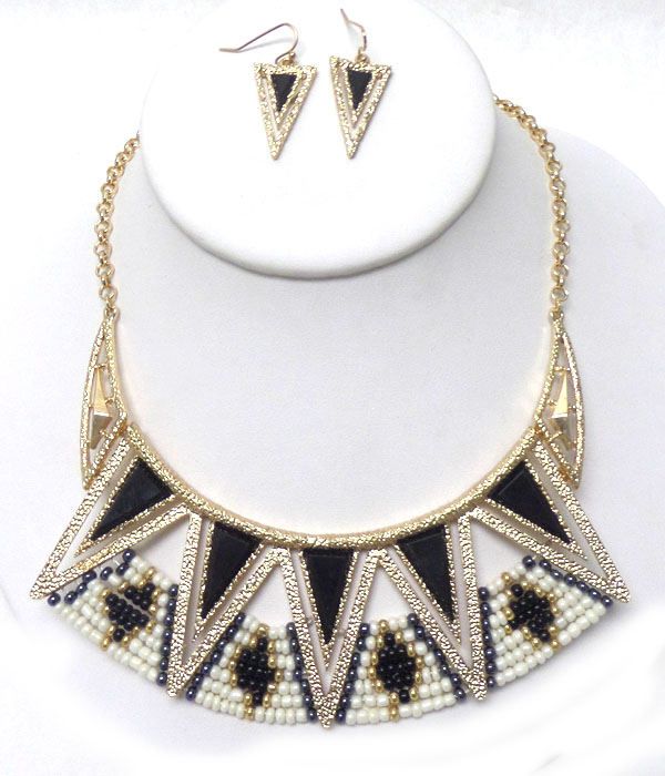 Tribal style design seed bead bib necklace set 