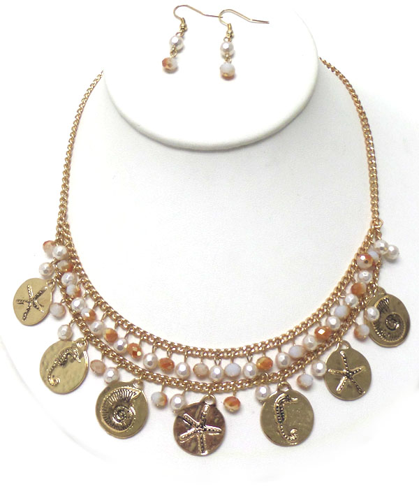 Pearl and multi sealife disc drop necklace set