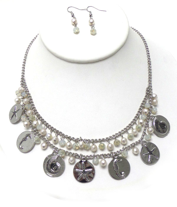 Pearl and multi sealife disc drop necklace set 