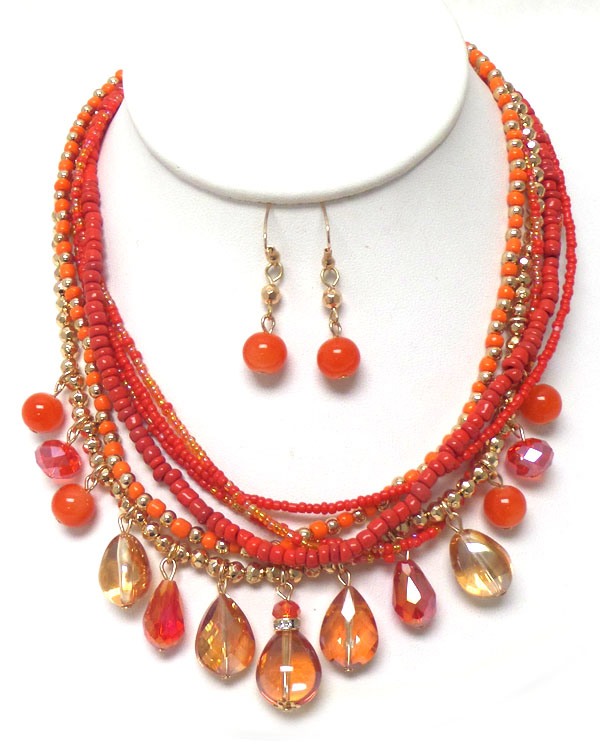 Multi seed beads layer and multi glass charm drop necklace set