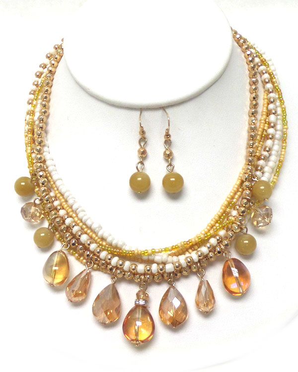 Multi seed beads layer and multi glass charm drop necklace set