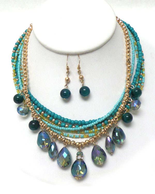 Multi seed beads layer and multi glass charm drop necklace set