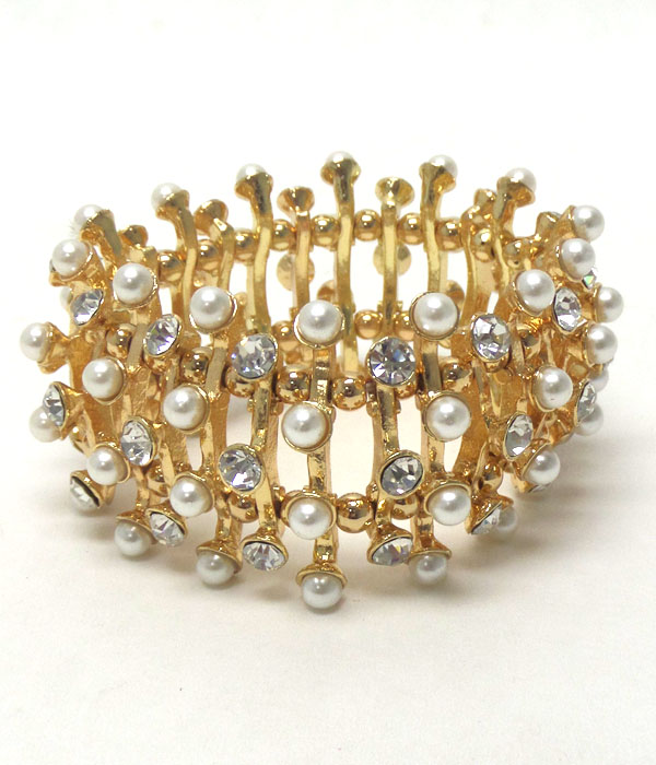 Crystal and pearl metal bar stretch bracelet