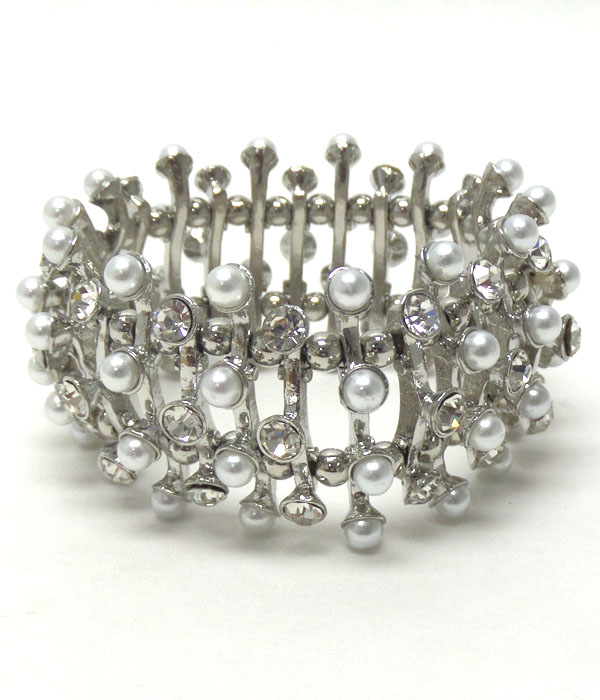 Crystal and pearl metal bar stretch bracelet