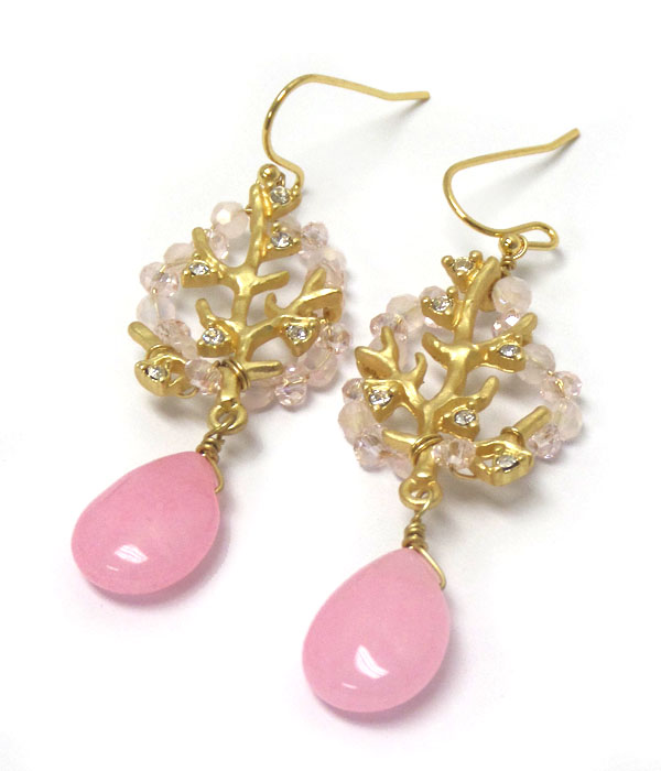 Genuine semi precious stone metal tree earrings - pink