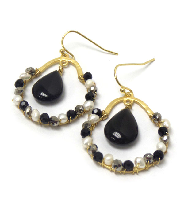 Genuine semi precious stone teardrop earrings - jet