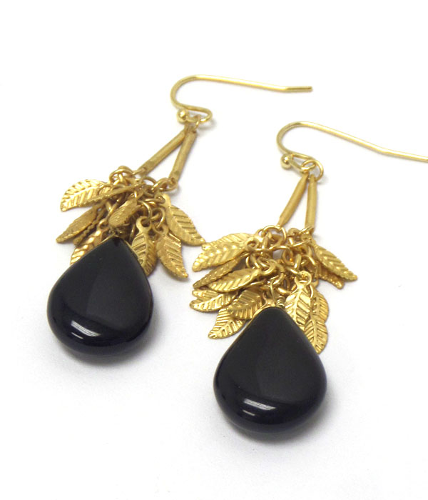 Genuine semi precious stone drop leaf earrings - jet 