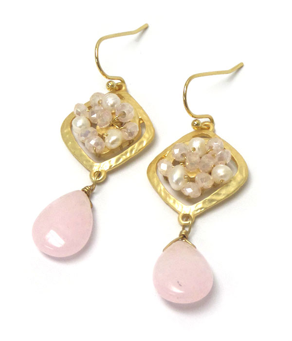 Genuine semi precious stone diamond shape drop earrings - rose quartz 