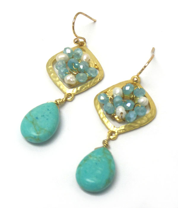 Genuine semi precious stone diamond shape drop earrings - turquoise