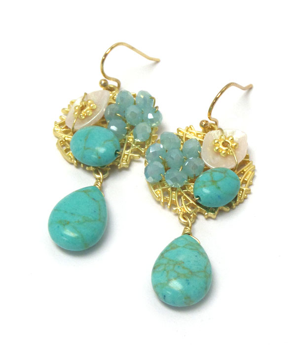 Genuine semi precious stone metal filigree  hook earrings - turquoise