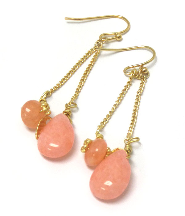Genuine semi precious stone drop earrings - peach quartz