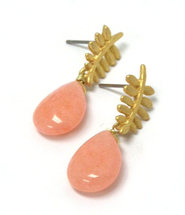 Genuine semi precious stone metal leaf earring - peach quartz
