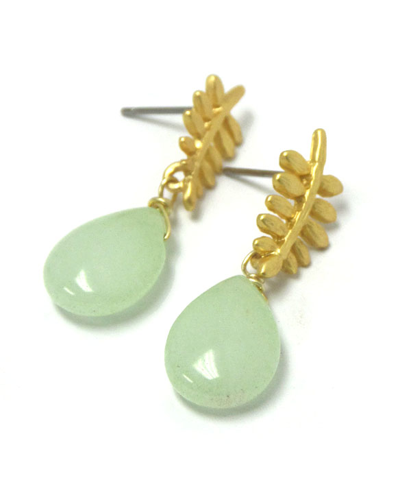 Genuine semi precious stone metal leaf earring - opal green 