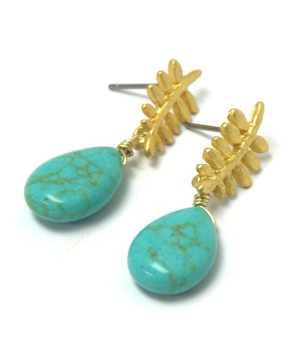 Genuine semi precious stone metal leaf earring - turquoise