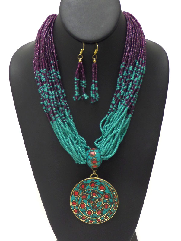 Round disk chunky layer of seed beads necklace set 