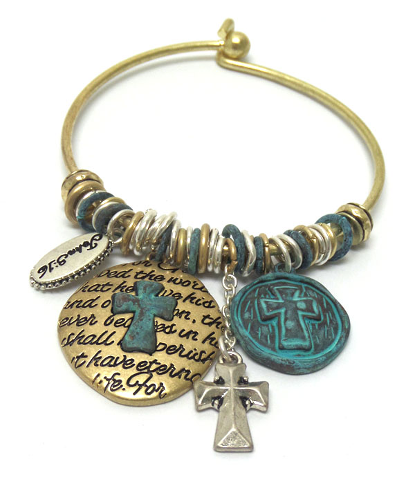 Vintage rustic cross message charm bangle bracelet - john 9:16