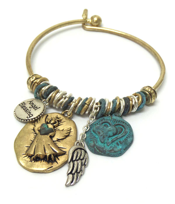 VINTAGE RUSTIC RELIGIOUS INSPIRATION ANGEL CHARM BANGLE BRACELET - ANGEL BLESSING