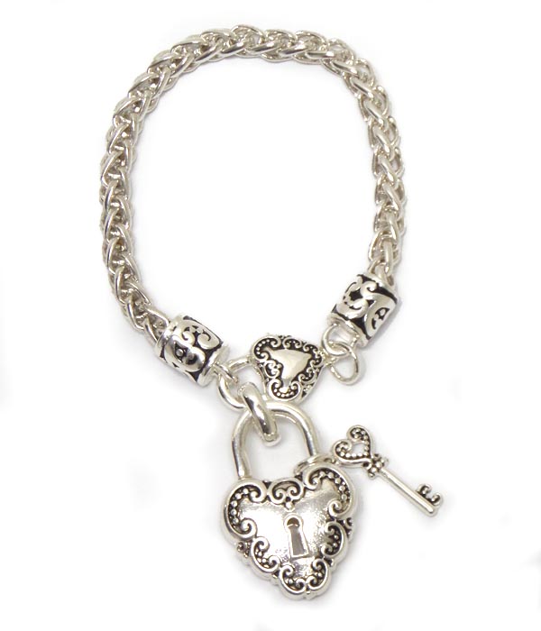 Designer inspired lock and key chain bracelet