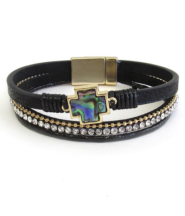 Multi layer leatherette magnetic bracelet - abalone cross