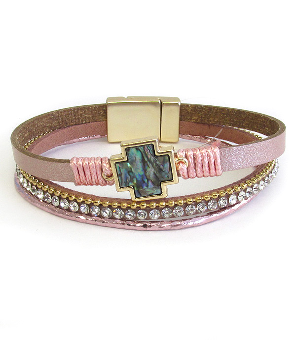 Multi layer leatherette magnetic bracelet - abalone cross