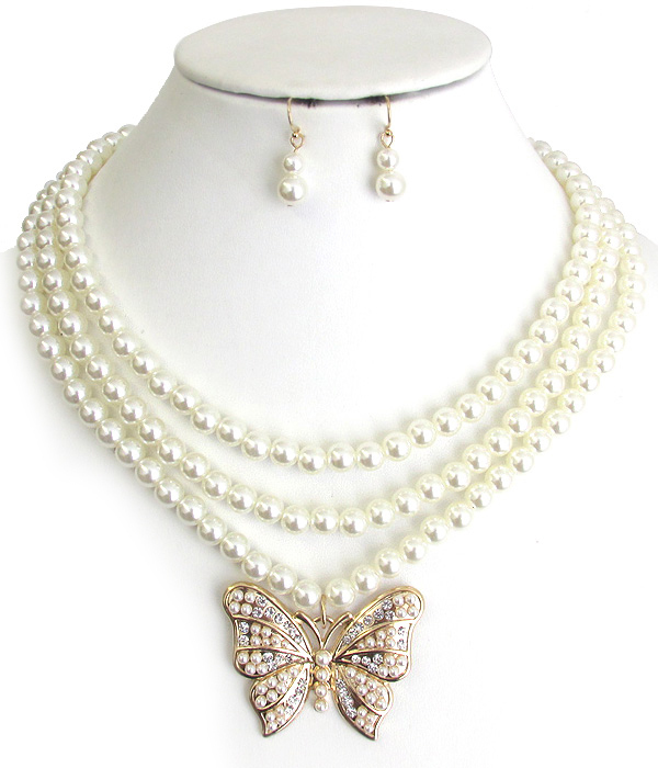 Triple layer pearl chain chunky butterfly pendant necklace set