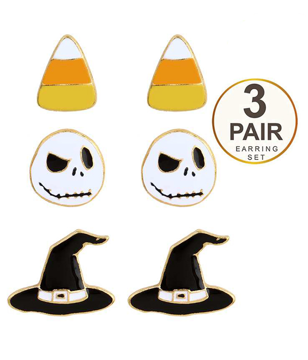 HALLOWEEN THEME 3 PAIR EARRING SET - CANDY WITCH HAT