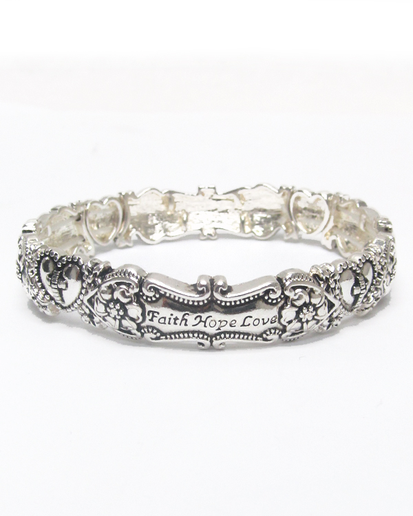 Silver utensil inspired stretch bracelet - faith hope love 