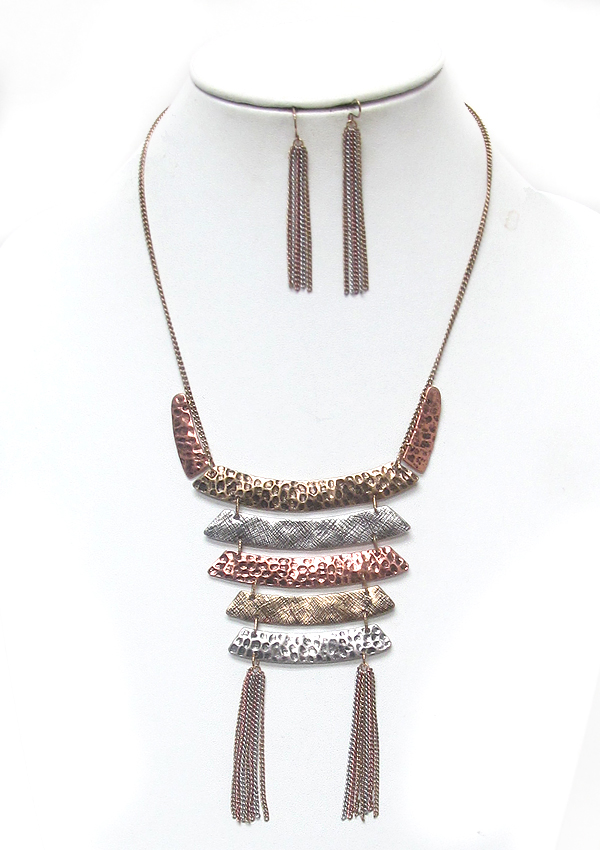 MULTI METAL TEXTURED TASSEL DROP NECKLACE SET