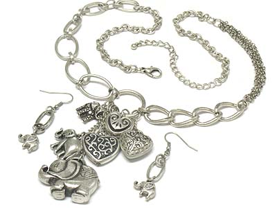 Metal elephant and heart charms multi chain necklace and earring set 