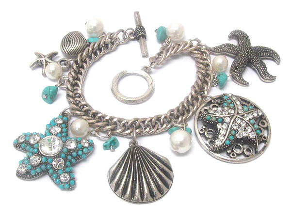 Crystal and pearl sea life dangle charm chain bracelet