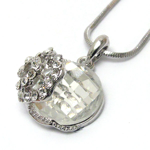 WHITEGOLD PLATING CRYSTAL ROUND ROSE PENDANT NECKLACE