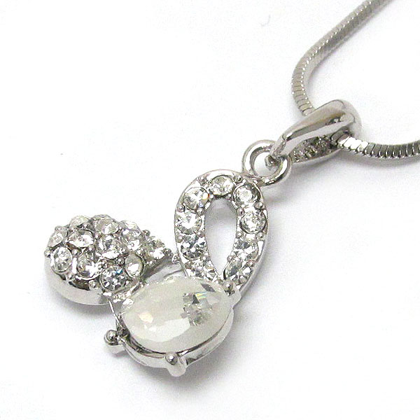 MADE IN KOREA WHITEGOLD PLATING CRYSTAL STUD RIBBON AND CIRCLE PENDANT NECKLACE