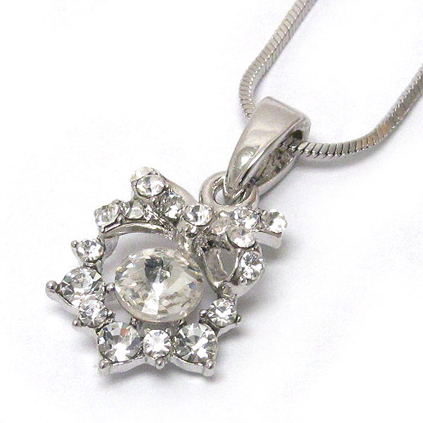 WHITEGOLD PLATING CRYSTAL BOW WITH CIRCLE PENDANT NECKLACE