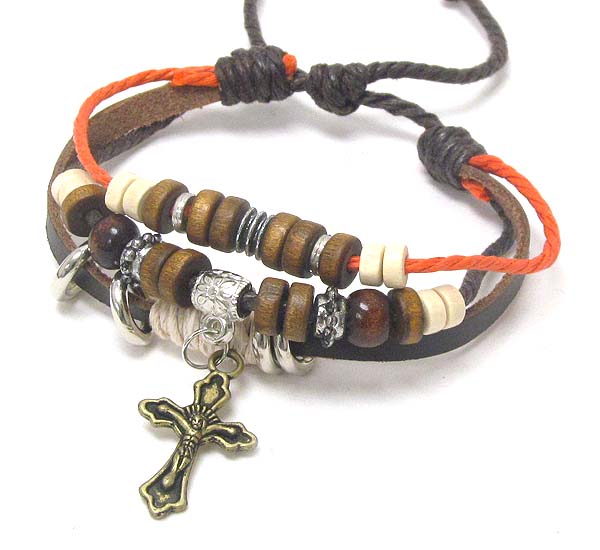 Cross charm and multi wooden chip 3 layered friendship bracelet