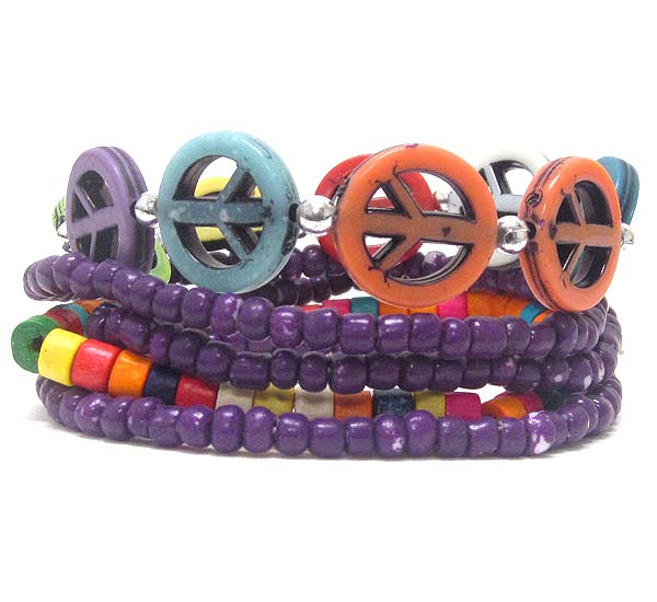 Multi acrylic peace symbol and wood chip 4 layered stretch bracelet