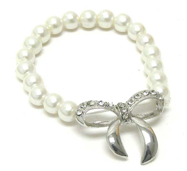 Crystal deco ribbon and pearl stretch bracelet