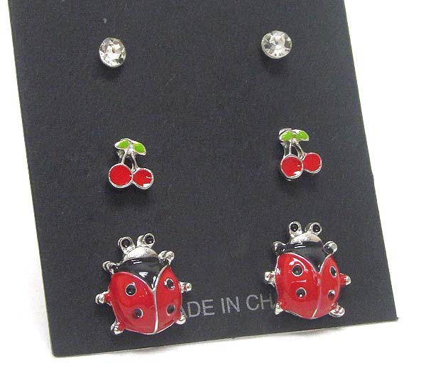 Epoxy ladybug and cherry earring set of 3