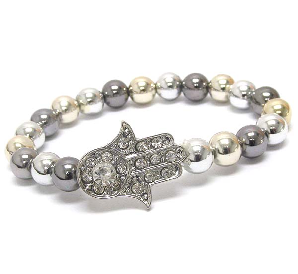 Crystal hamsa and metal ball stretch bracelet