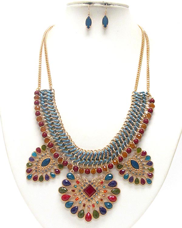 Multi acrylic teardrop and bead chain link necklace earring set