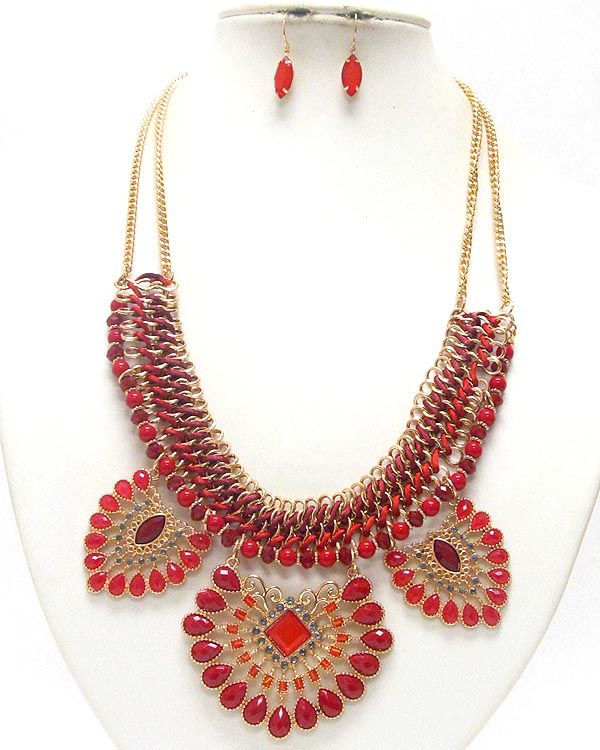 Multi acrylic teardrop and bead chain link necklace earring set