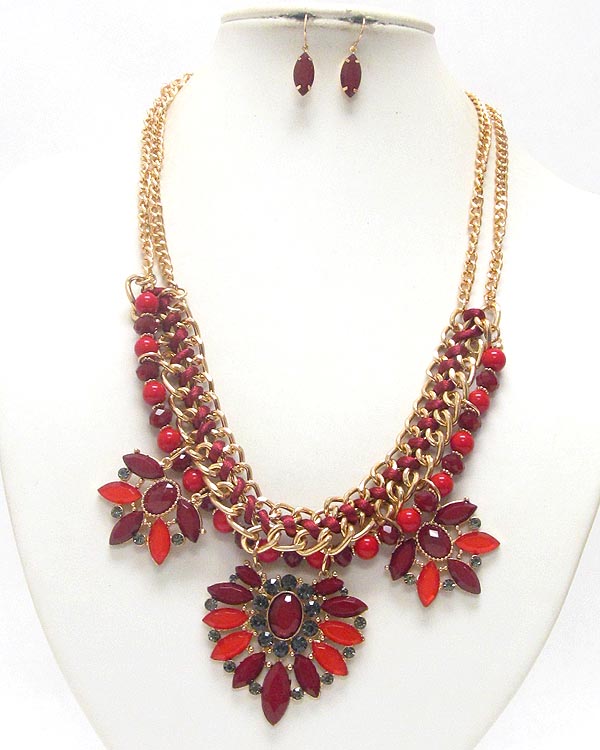 MULTI ACRYLIC ARROWHEAD STONE AND BEAD CHAIN LINK NECKLACE EARRING SET