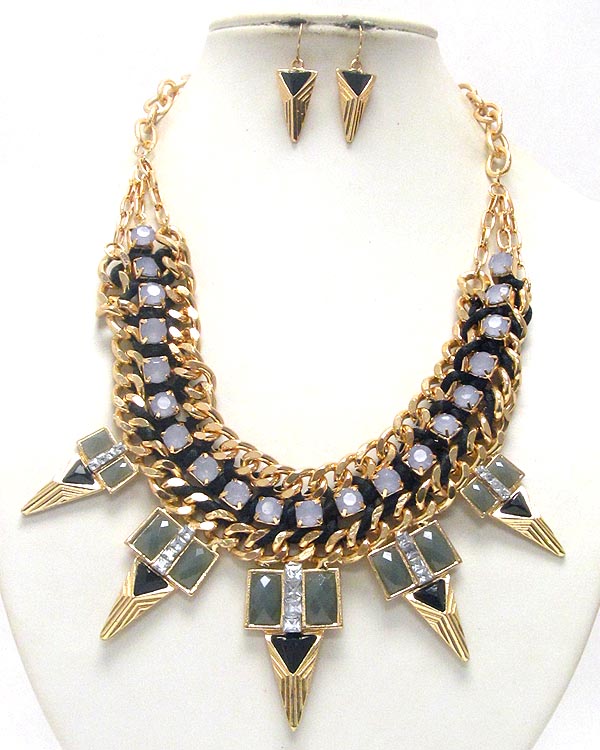 Multi crystal and metal spike and thick chain necklace earring set