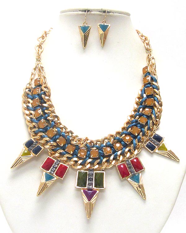 Multi crystal and metal spike and thick chain necklace earring set
