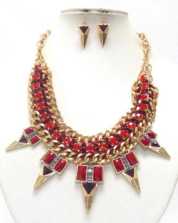 Multi crystal and metal spike and thick chain necklace earring set