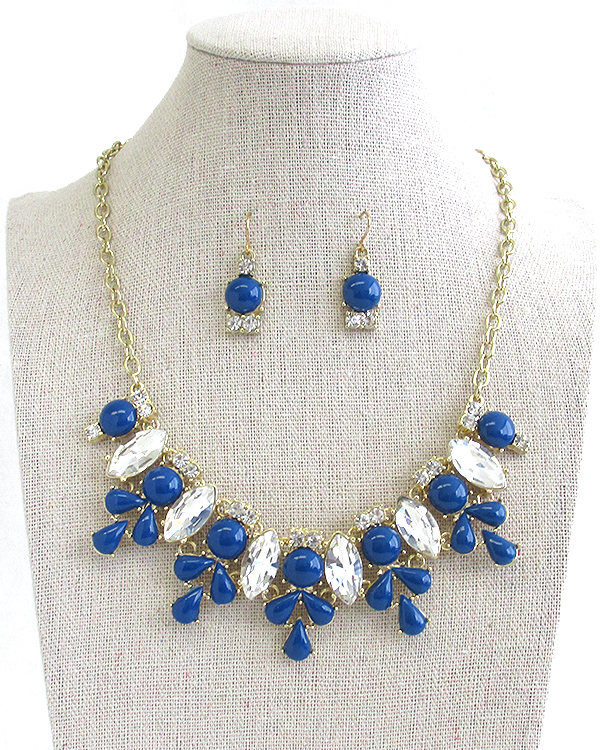 MULTI CRYSTAL AND ACRYLIC STONE DECO FLOWER LINK NECKLACE EARRING SET